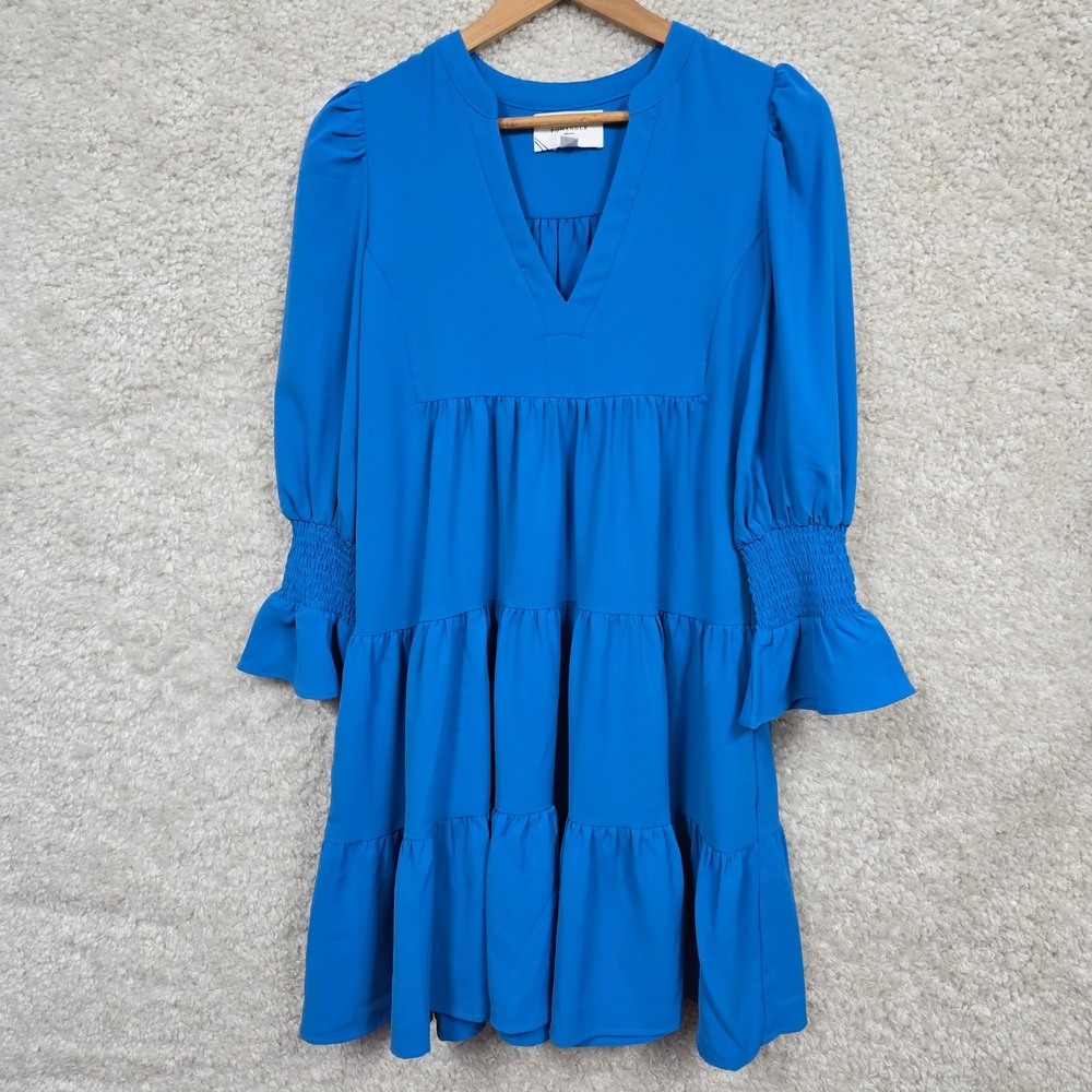Pomander Place Kenzo Tiered Mini Dress Women S Blue Split Neck Long Sleeve‎